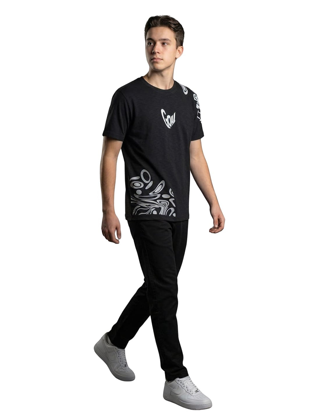 Black round neck printed casual wear T-shirt