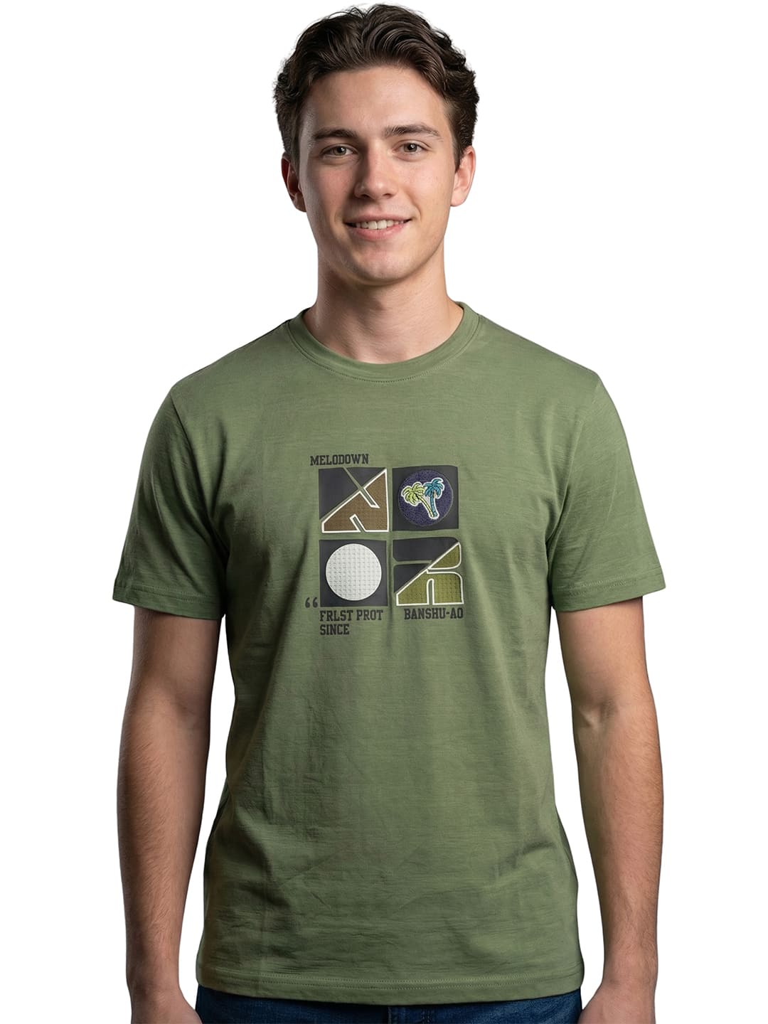 Light olive green round neck printed T-shirt