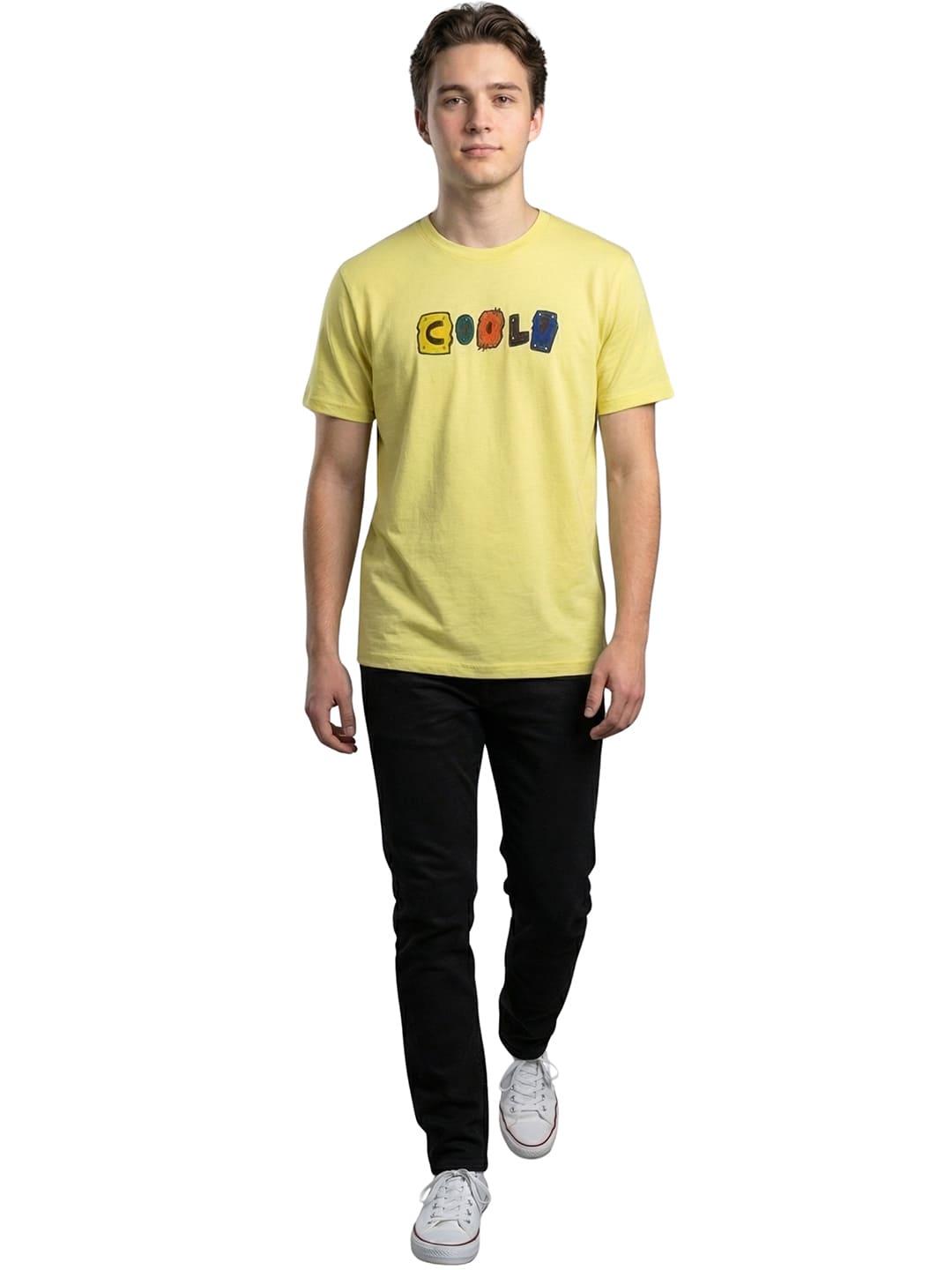 Lemon yellow half sleeves round neck printed T-shirt