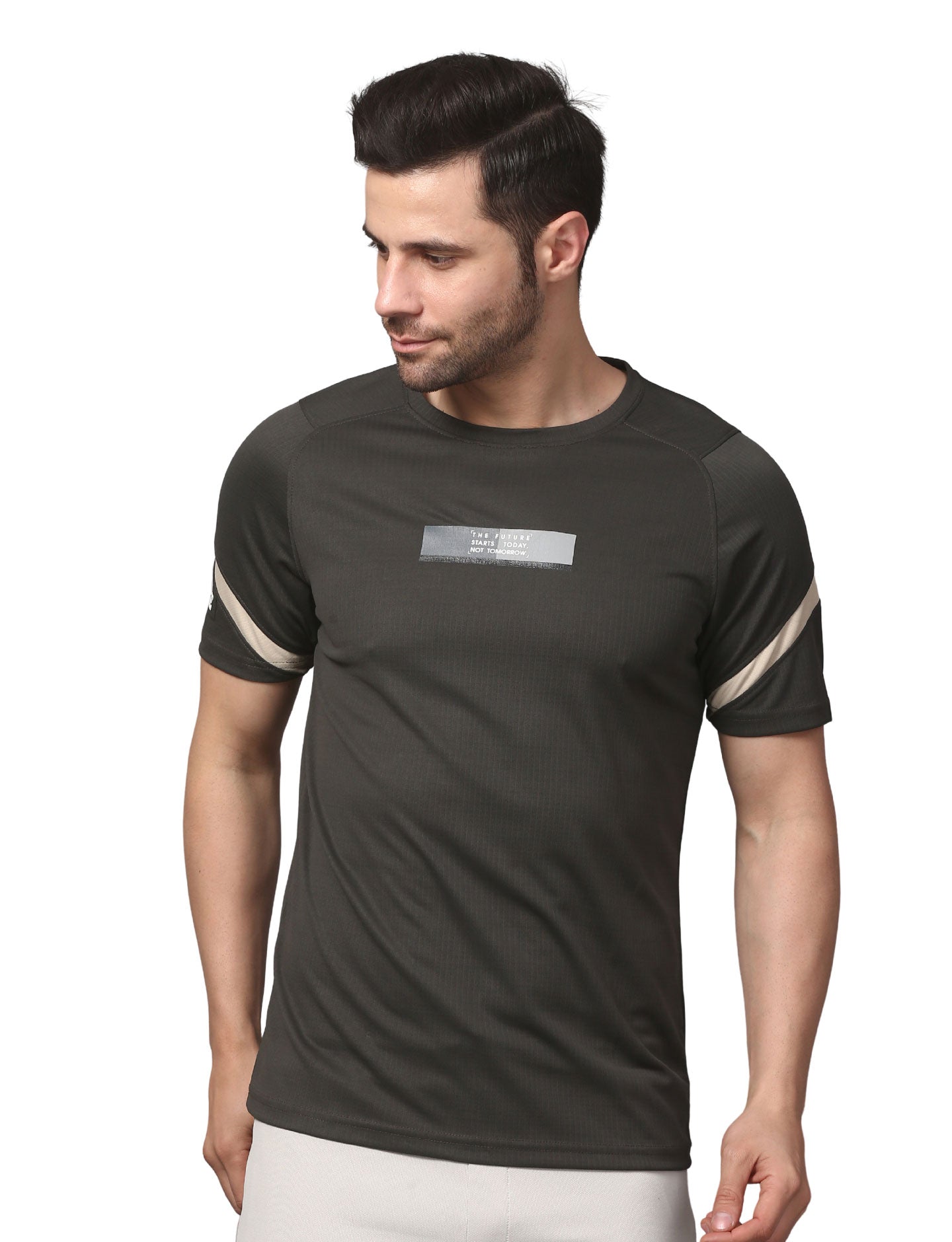Men's  Rapid Dry Athletic T-Shirt with Raglan Sleeves & Chest Print CHARCOAL