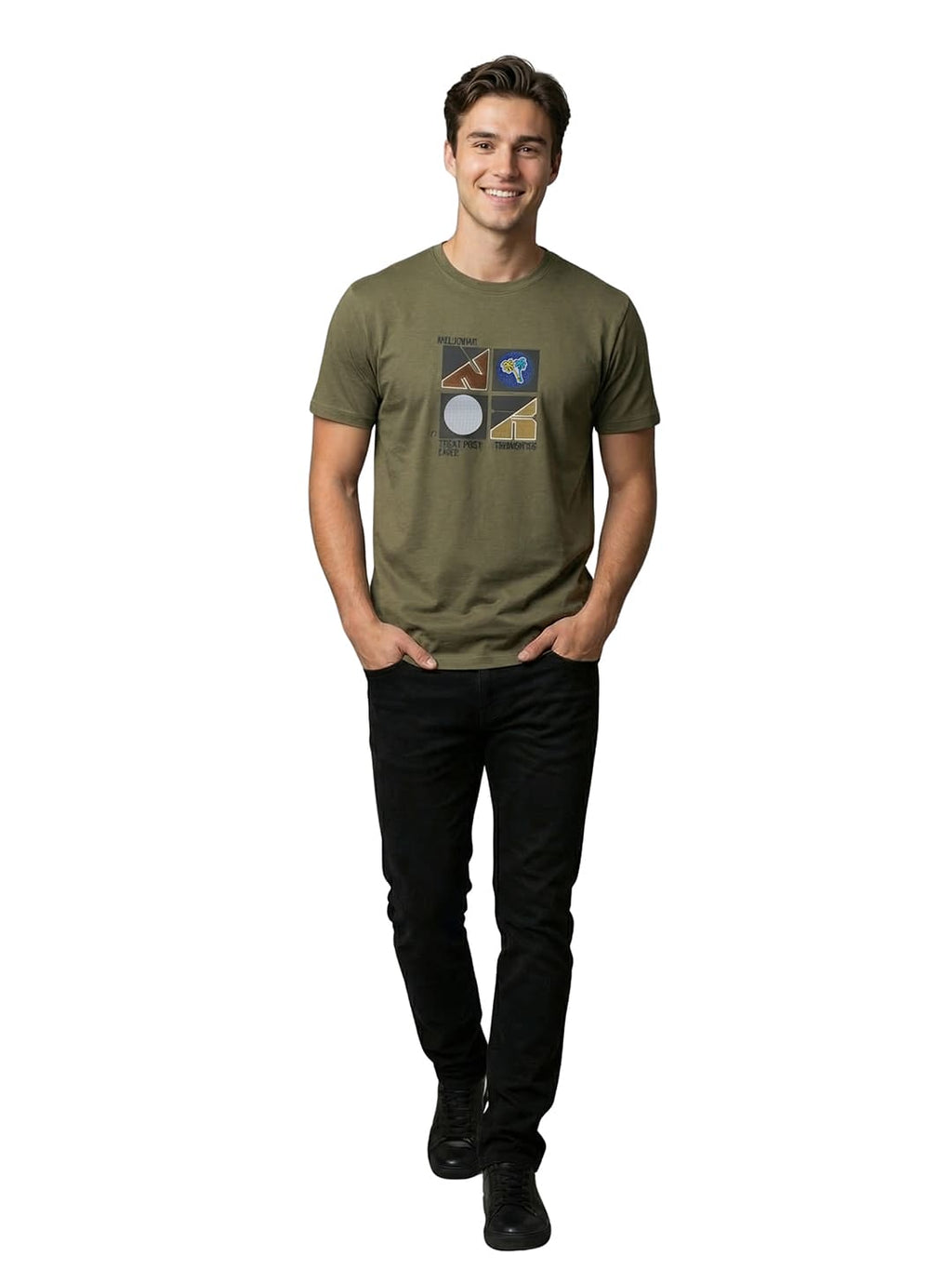 Olive round neck printed T-shirt