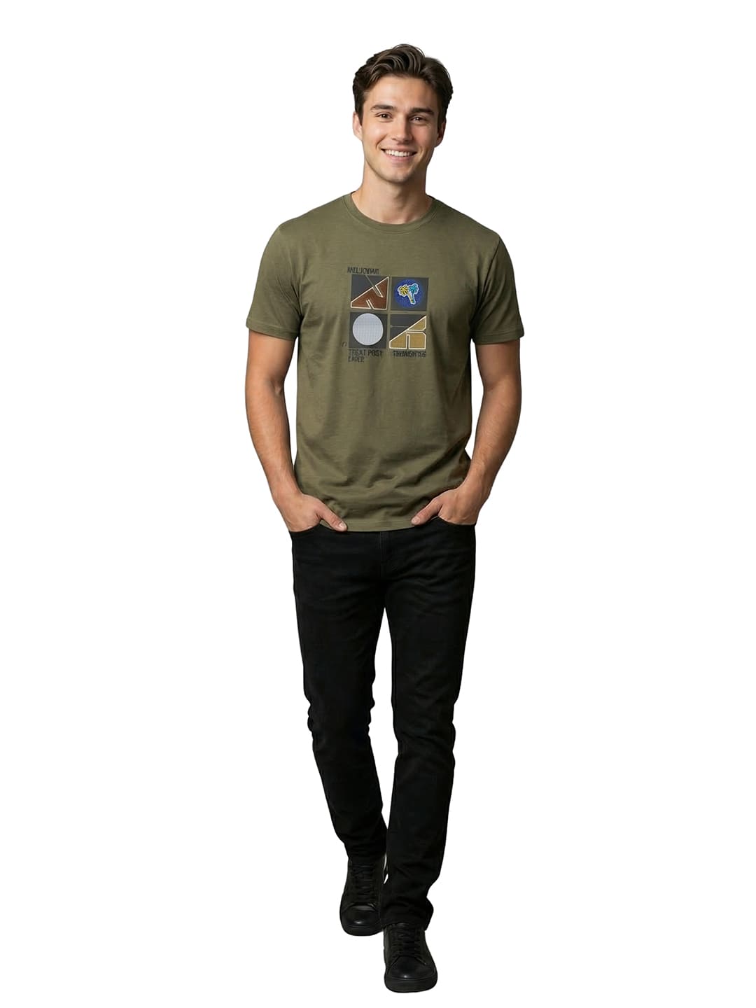 Olive round neck printed T-shirt