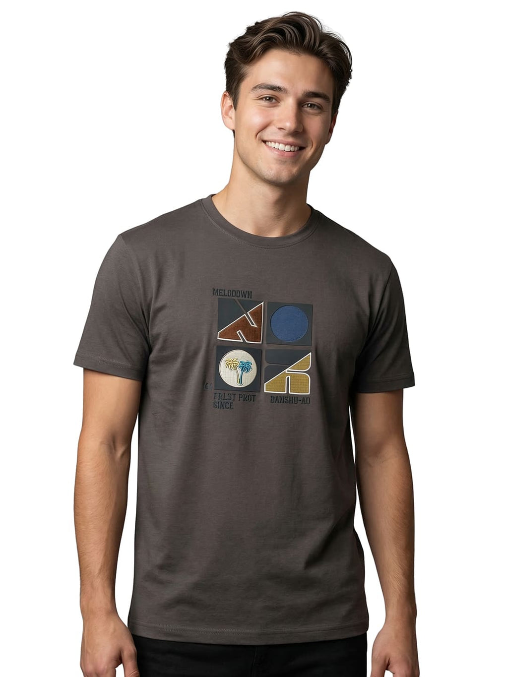 Dark grey half sleeves round neck printed T-shirt