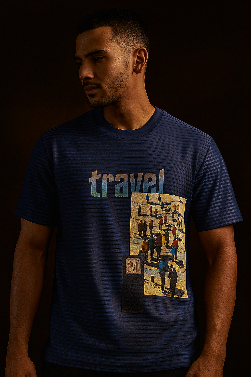 Man wearing a navy blue t-shirt with 'travel' and a graphic design on a dark background