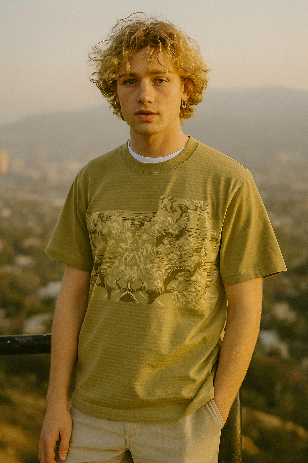Person wearing a green t-shirt with a graphic design, standing outdoors with a cityscape in the background.