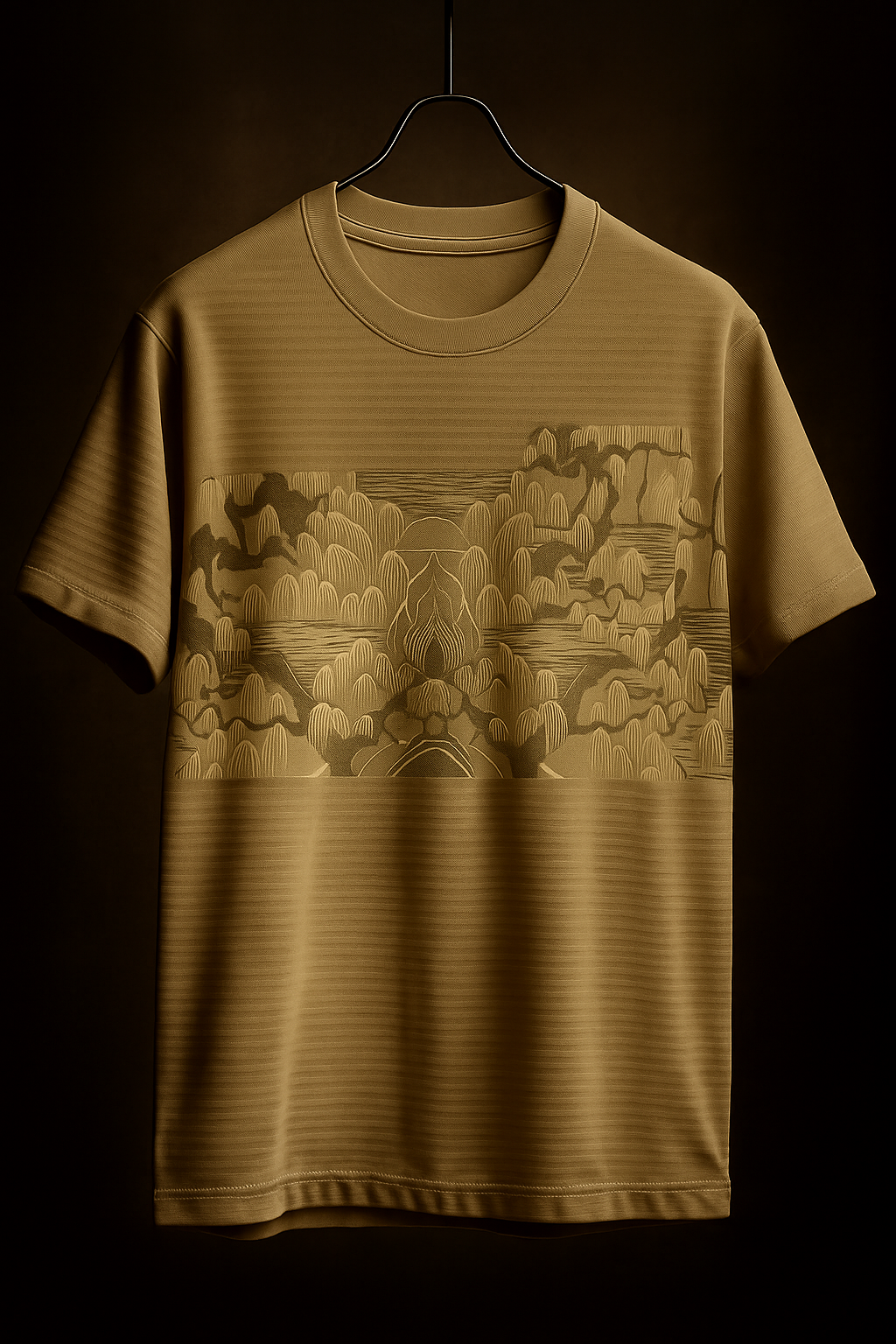 Beige t-shirt with a geometric pattern on a dark background