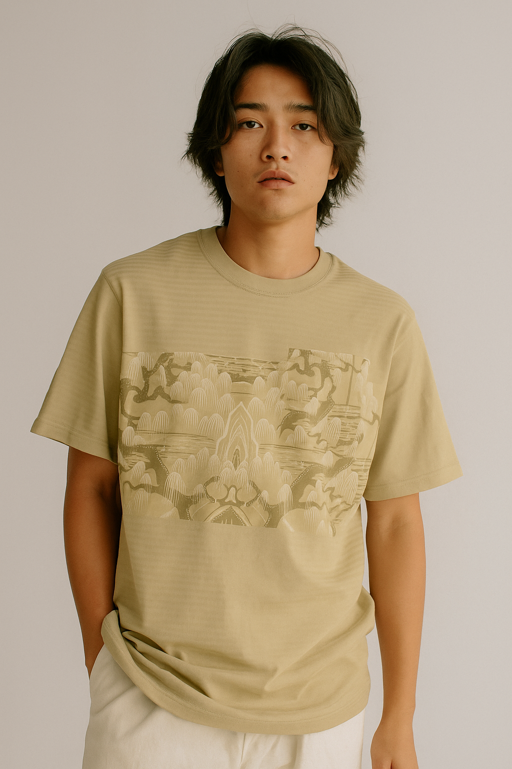 Person wearing a beige t-shirt with a graphic design on a plain background