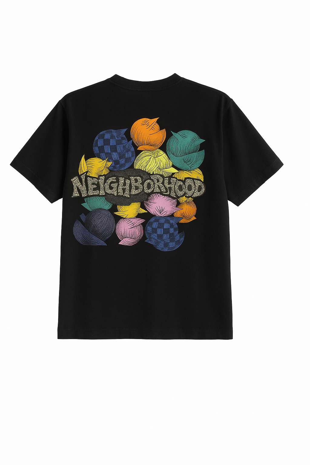 Black t-shirt with colorful fruit design and 'Neighborhood' text on a white background