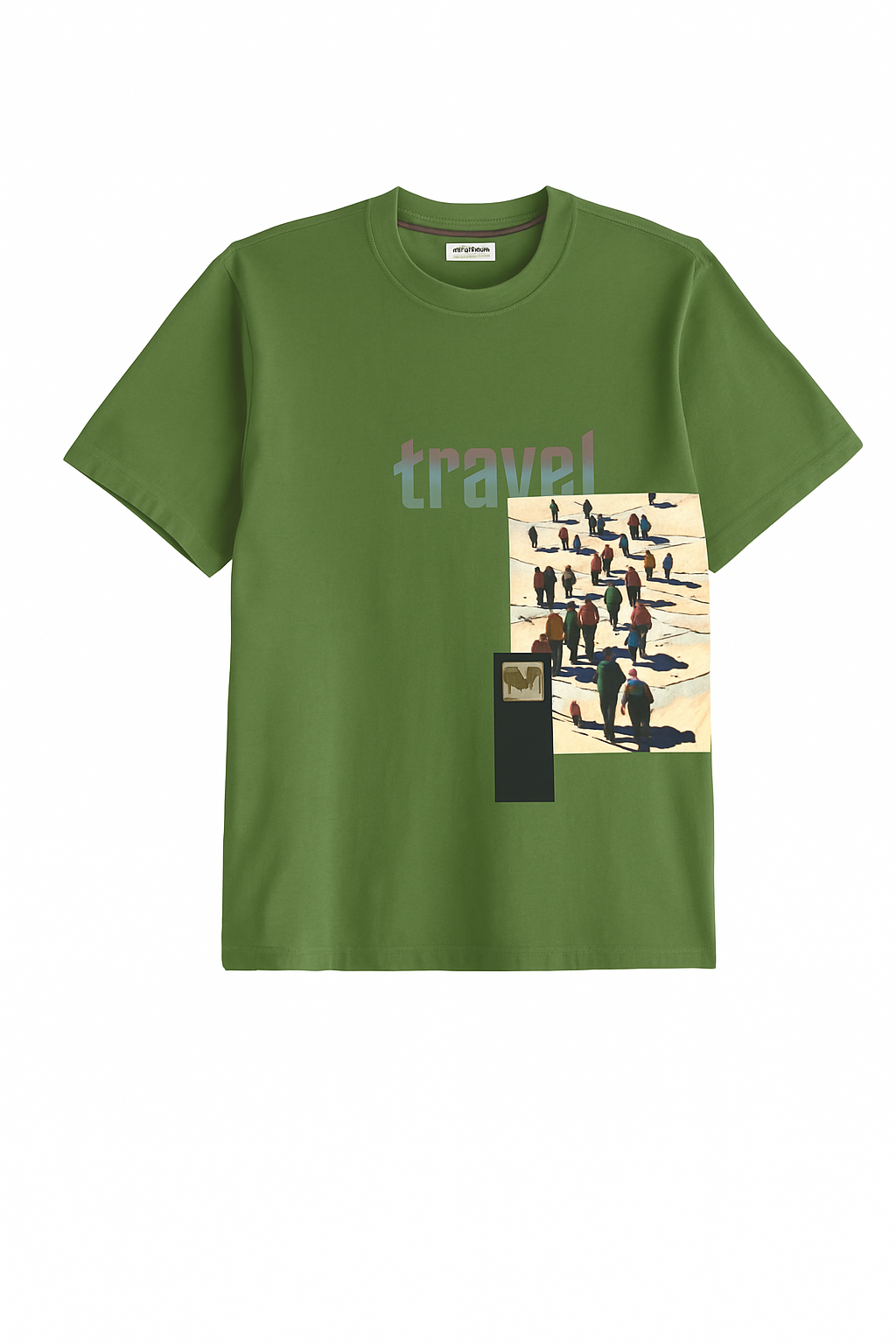 Green t-shirt with 'travel' graphic design on a white background