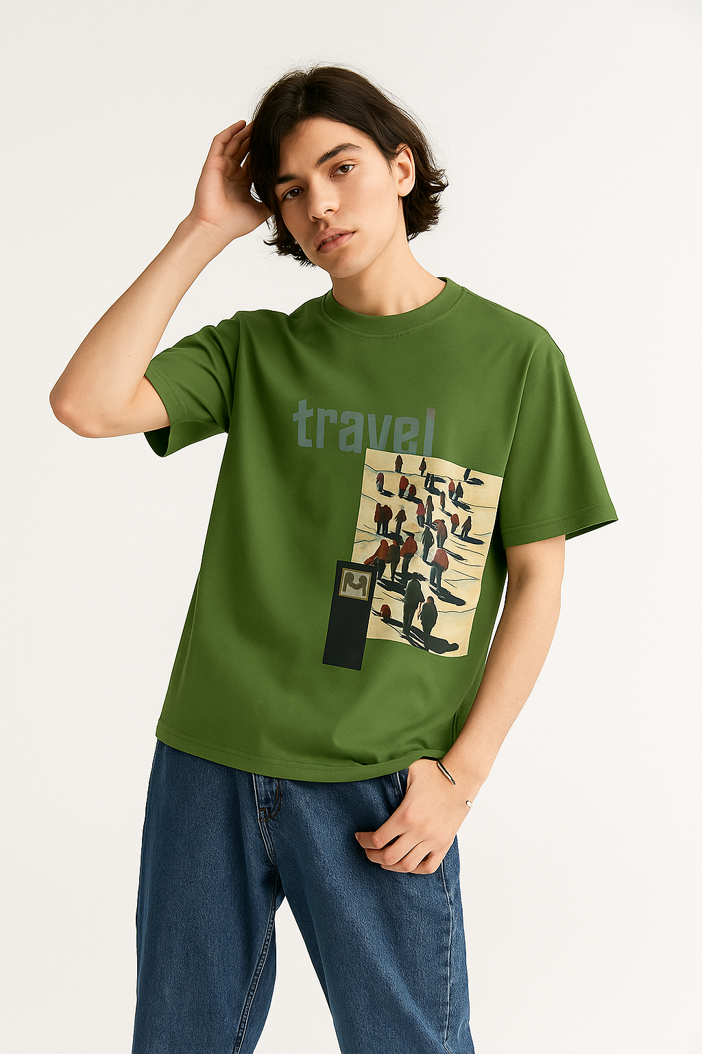 Person wearing a green t-shirt with a graphic design and text on a plain background