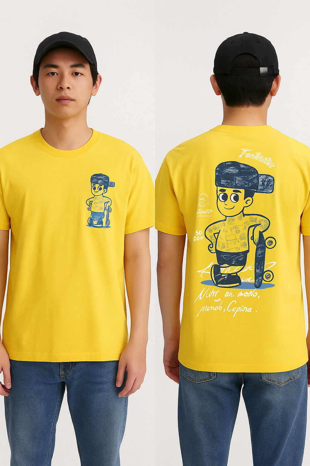 Person wearing a yellow t-shirt with a graphic design on the front and back, standing against a white background.