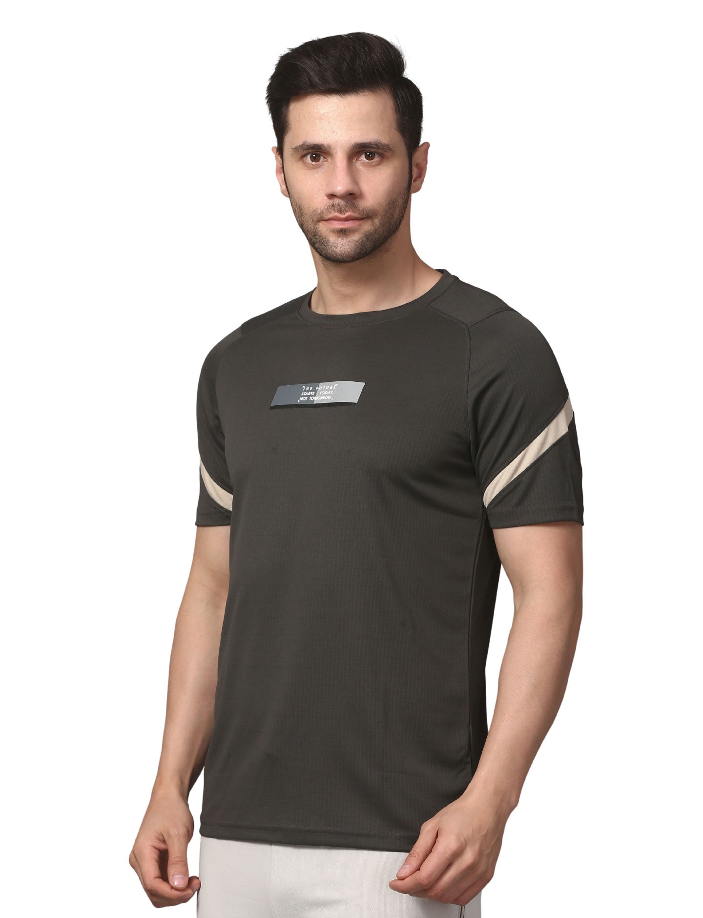 Men's  Rapid Dry Athletic T-Shirt with Raglan Sleeves & Chest Print CHARCOAL