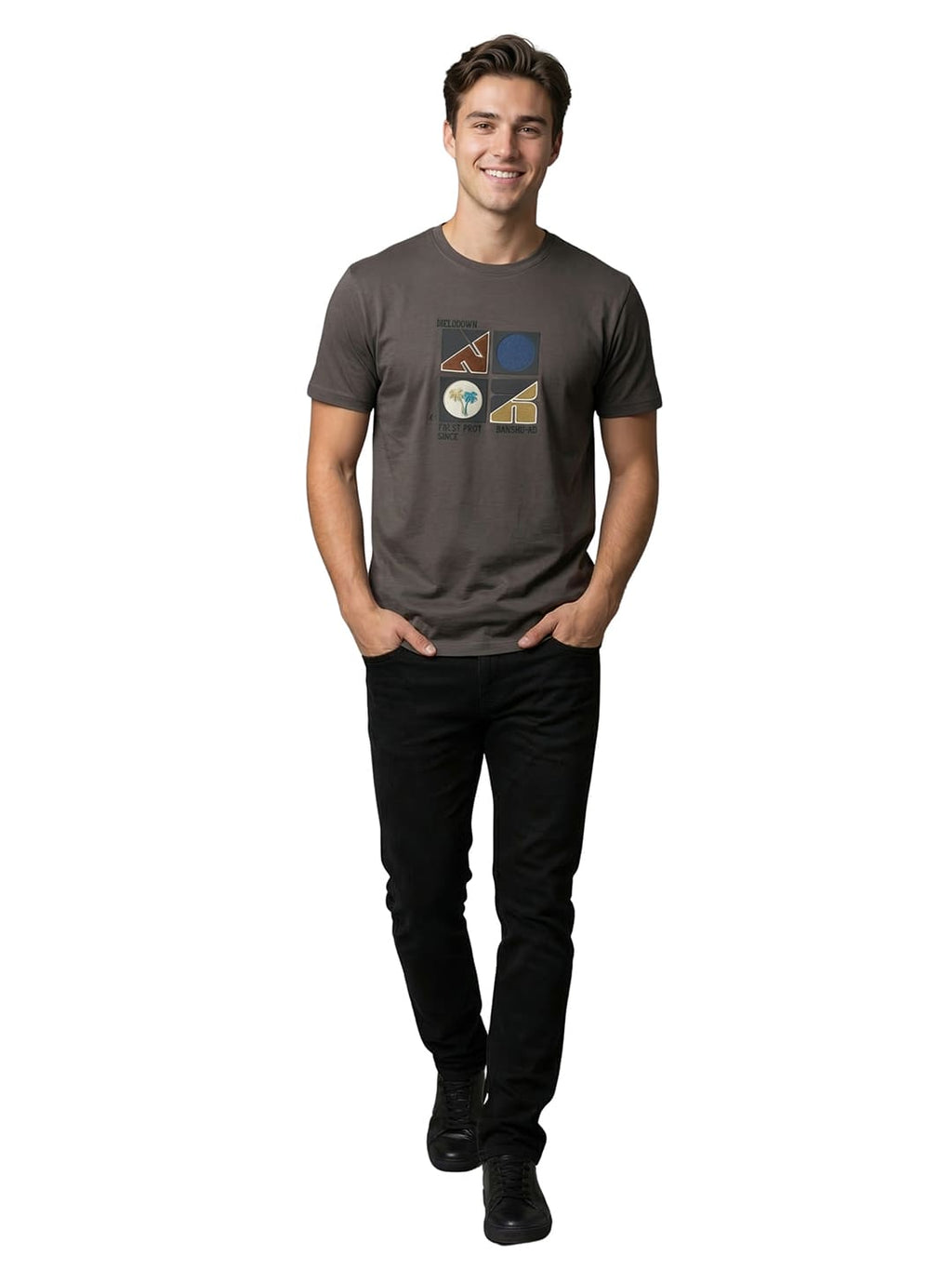 Dark grey half sleeves round neck printed T-shirt