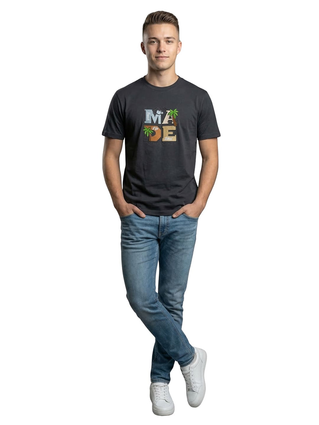Black half sleeves printed casual wear T-shirt