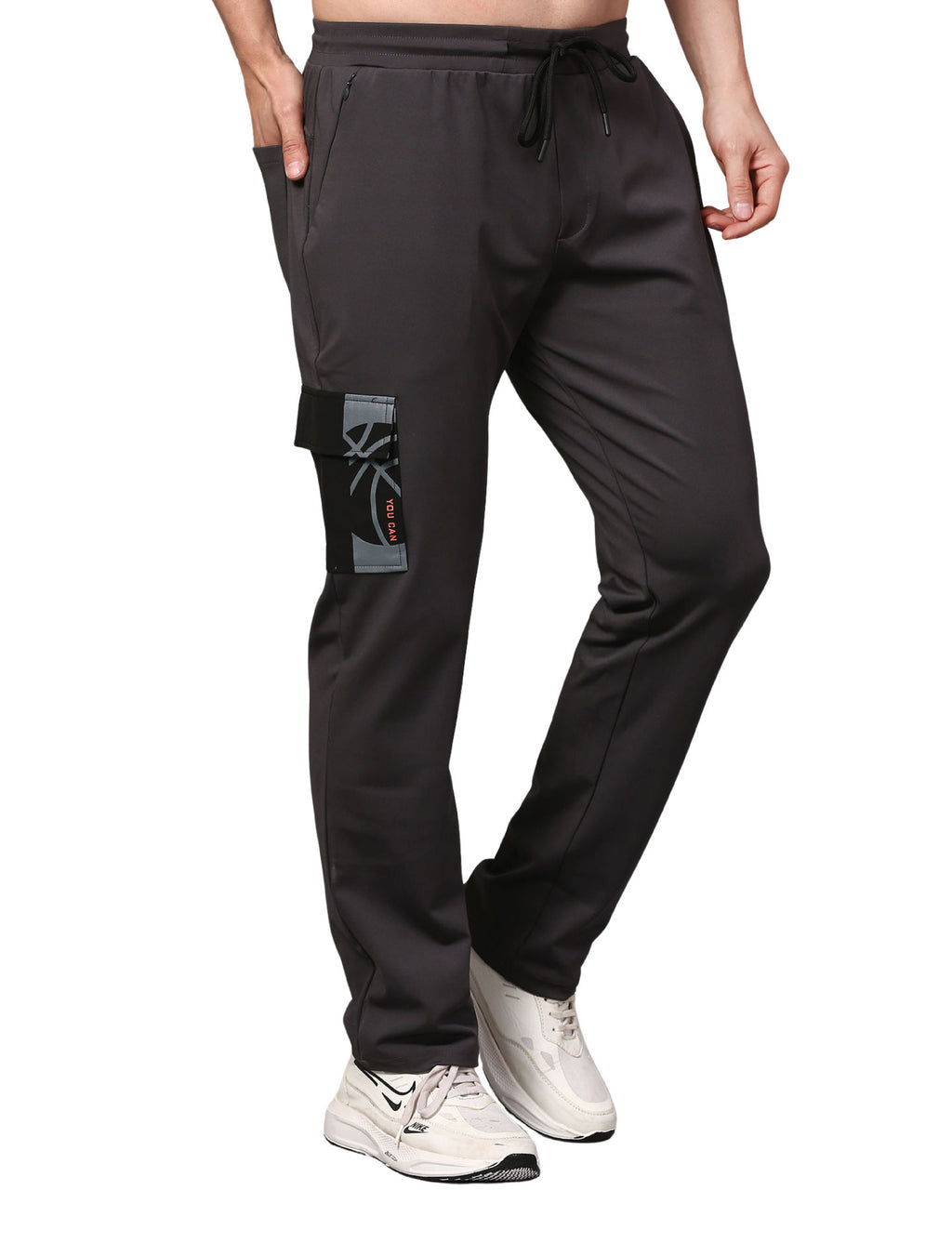 Men's Track Pants Slim Ragular Fit Joggers with One Side Flap Pockets Dark Grey