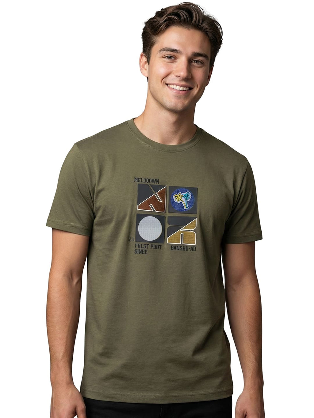 Olive round neck printed T-shirt