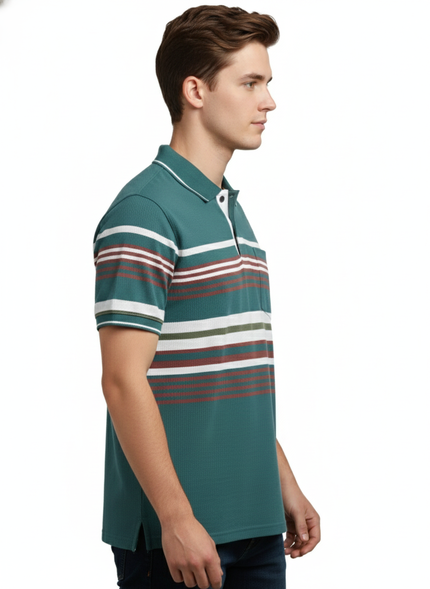 Men's Striped Polo Neck T-Shirt with Different Print SAGE GREEN