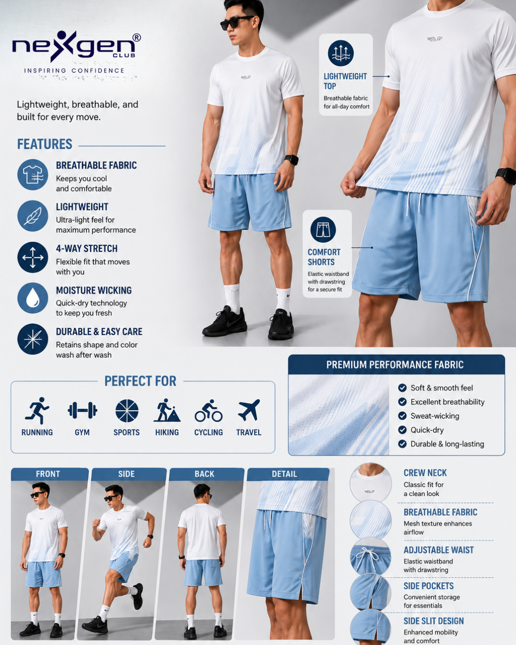 Men's Sports Co-ord Set – WorkOut Strong | White & Sky Blue
