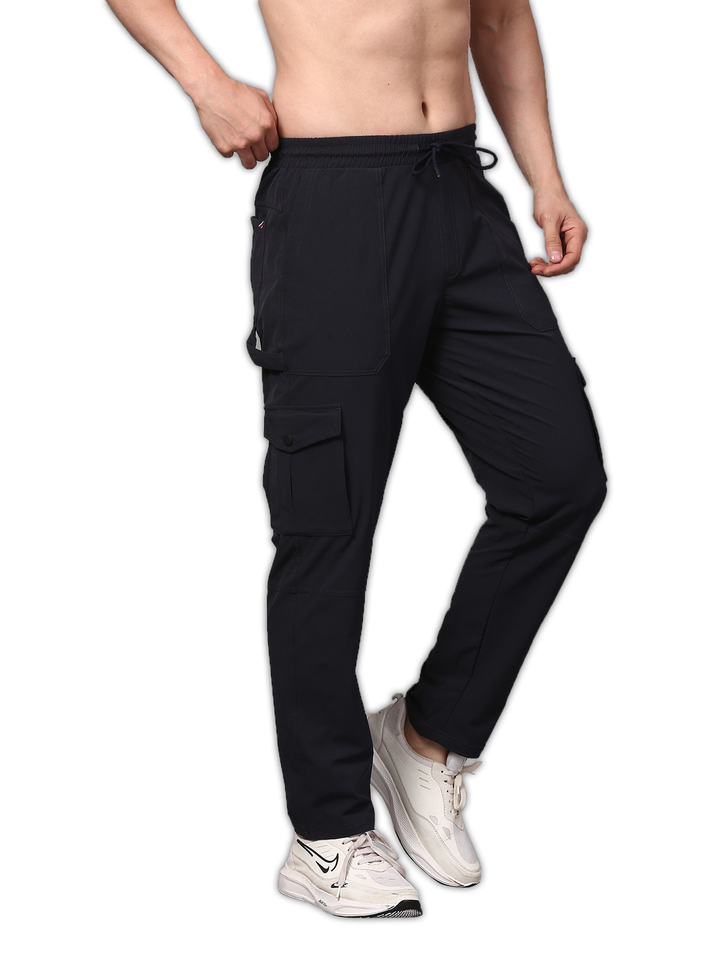 Black cargo pants worn by a person on a white background