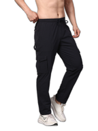 Black cargo pants worn by a person on a white background