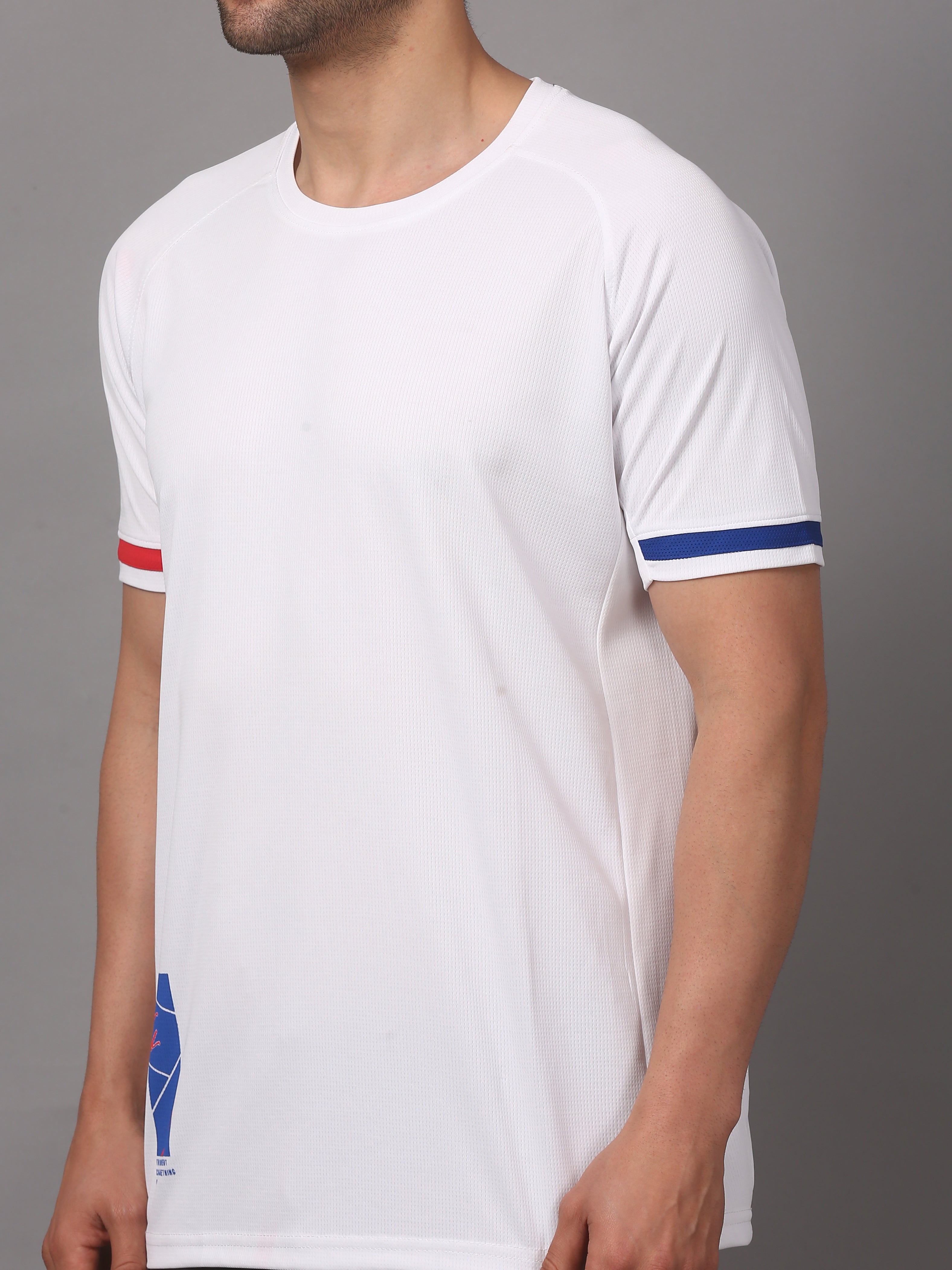 White t-shirt with red and blue accents 