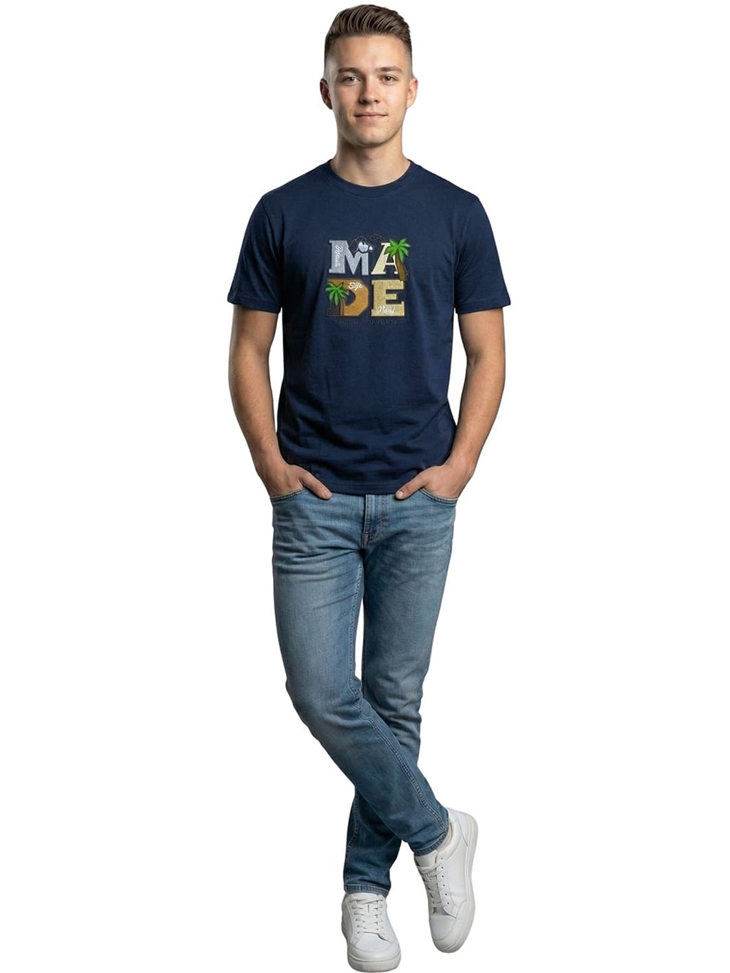 Navy round neck half sleeves printed T-shirt