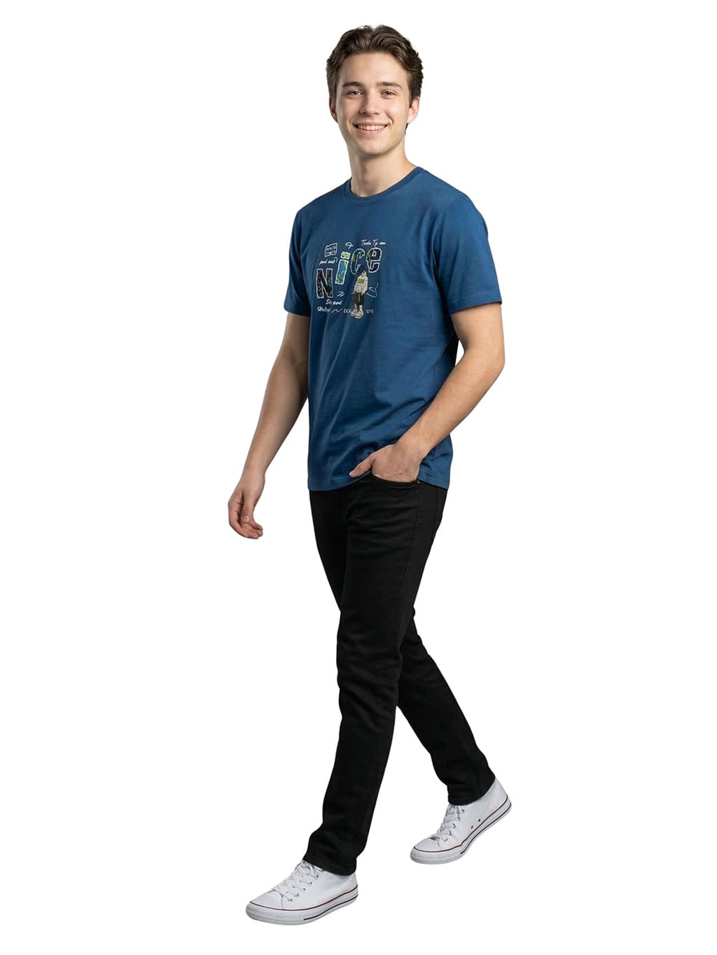 Indigo round neck half sleeves printed T-shirt