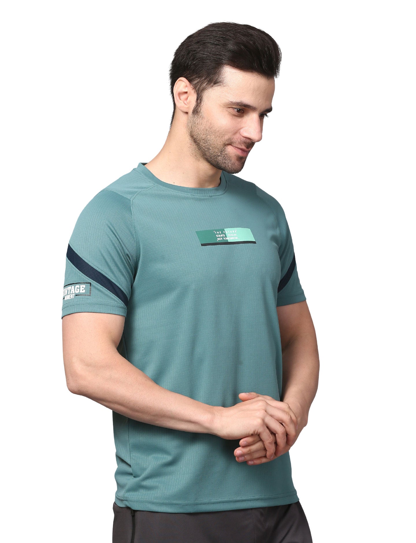 Men's  Rapid Dry Athletic T-Shirt with Raglan Sleeves & Chest Print AQUA GREEN