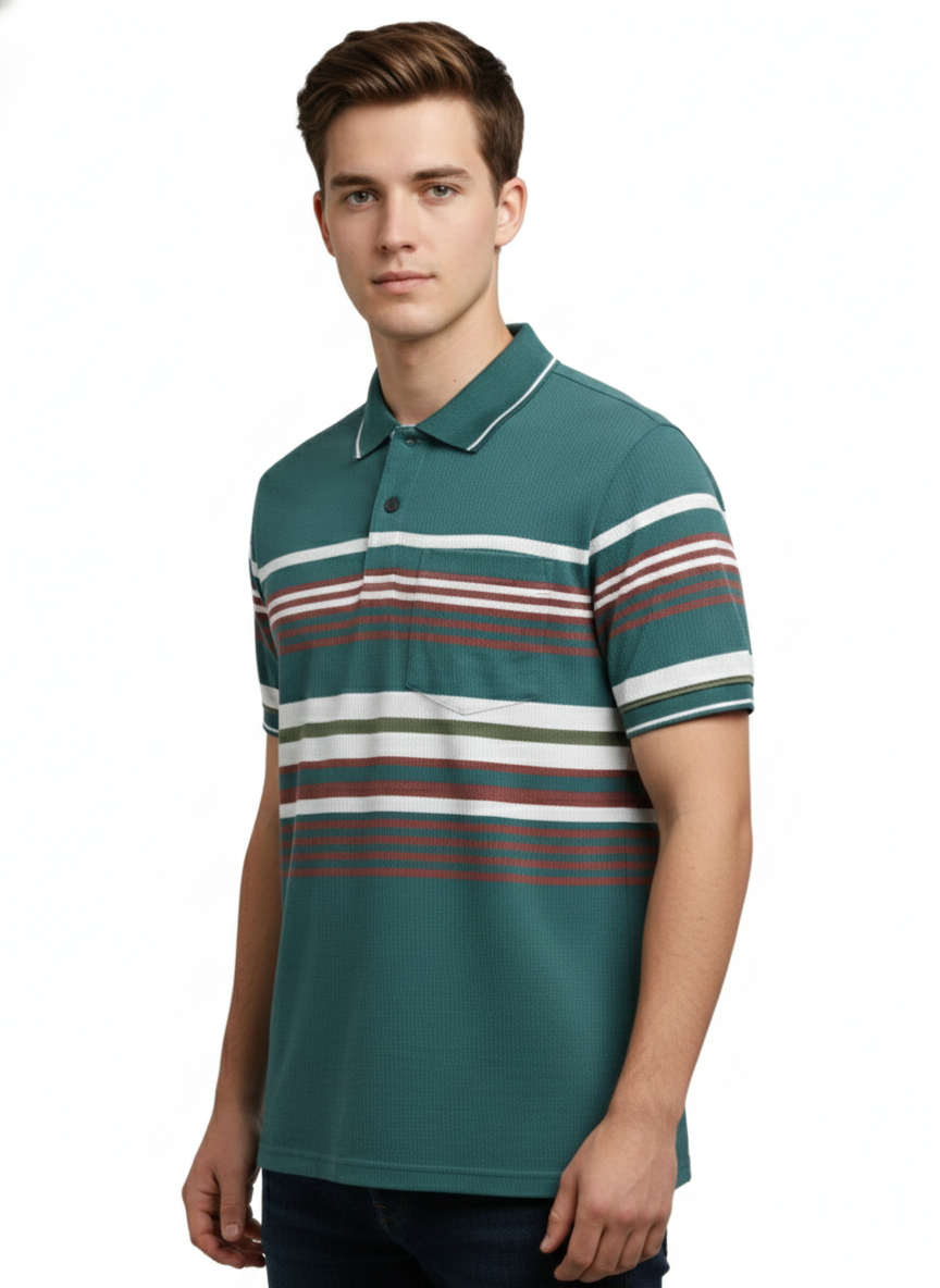 Men's Striped Polo Neck T-Shirt with Different Print SAGE GREEN