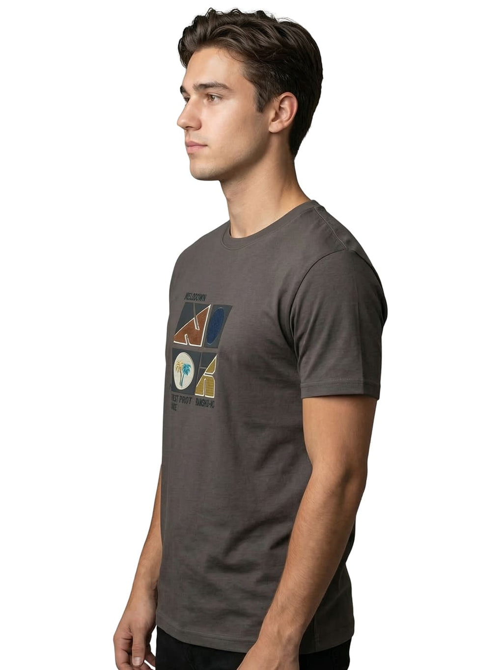 Dark grey half sleeves round neck printed T-shirt