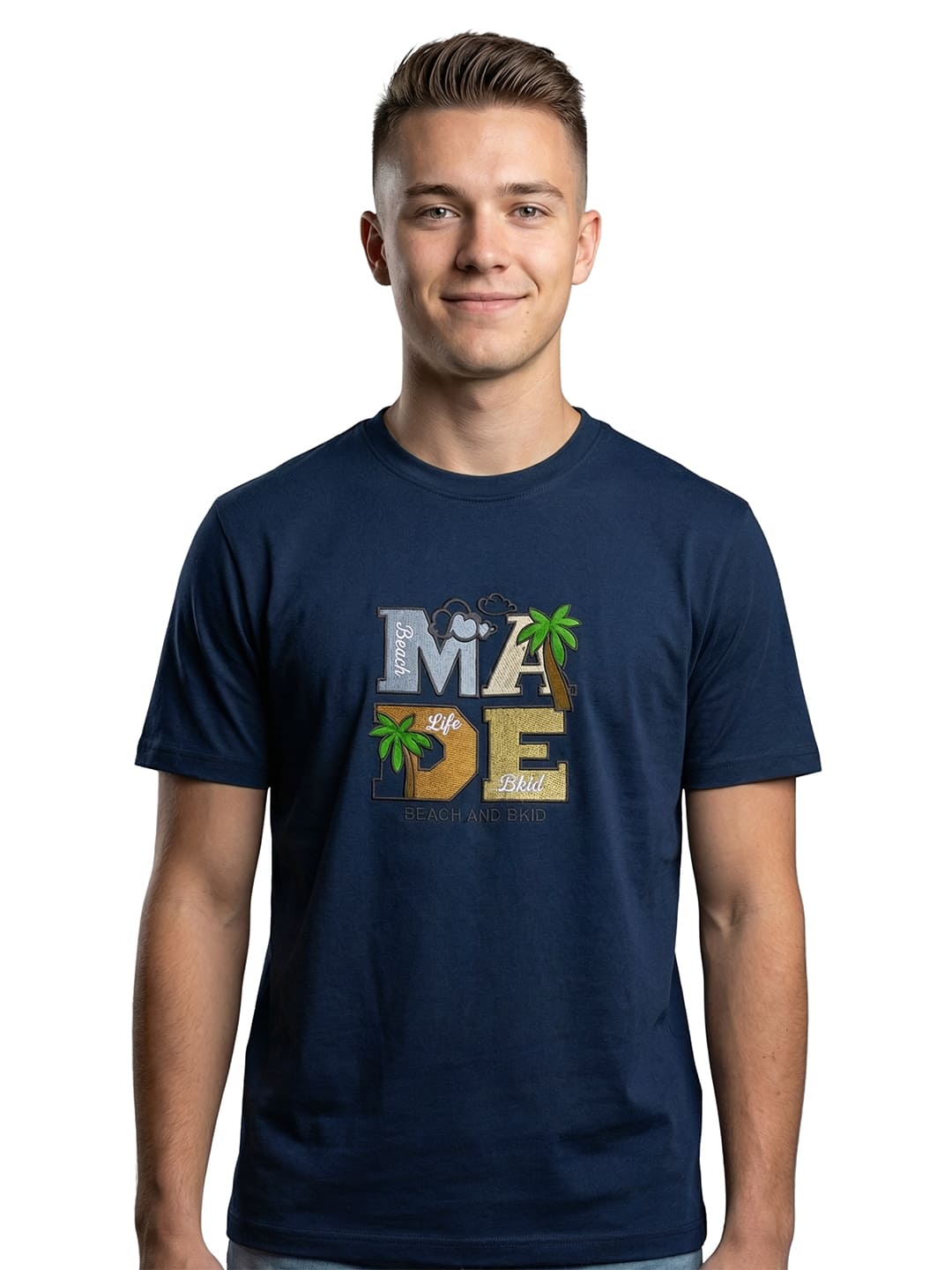 Navy round neck half sleeves printed T-shirt