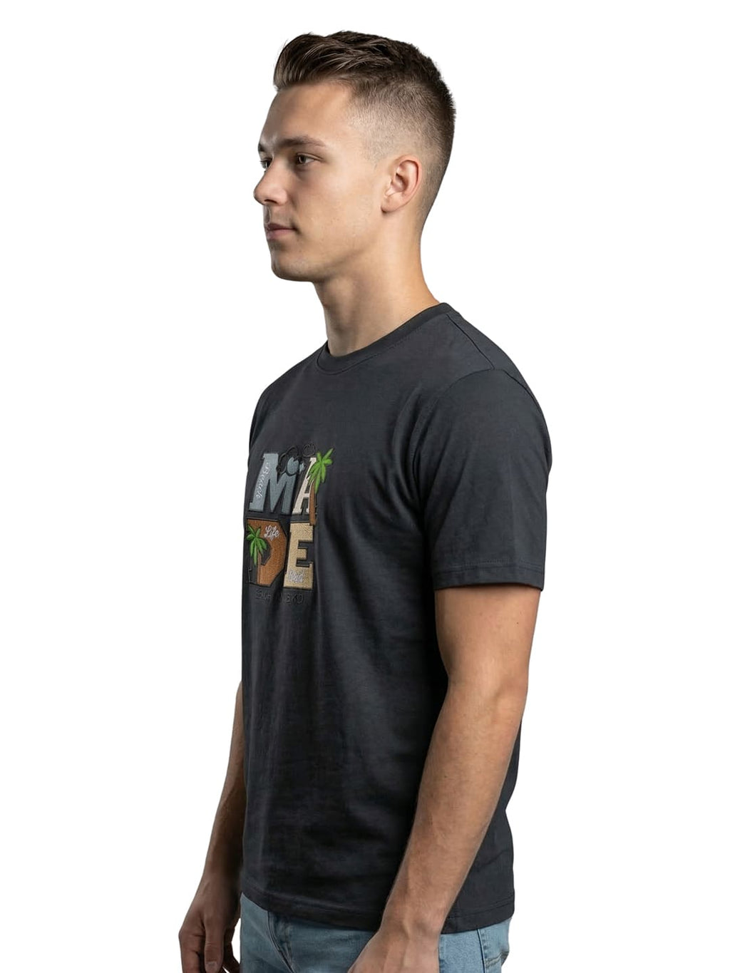 Black half sleeves printed casual wear T-shirt