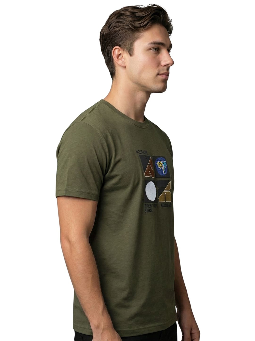 Olive round neck printed T-shirt