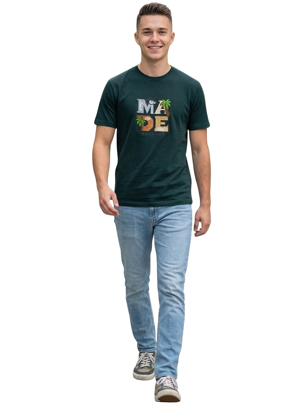 Dark green round neck half sleeves printed T-shirt