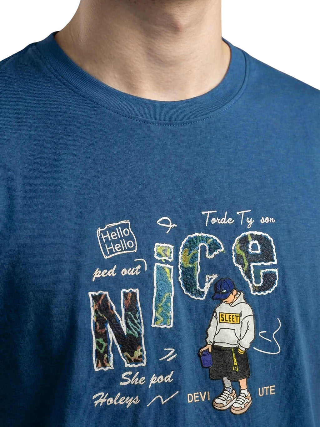 Indigo round neck half sleeves printed T-shirt