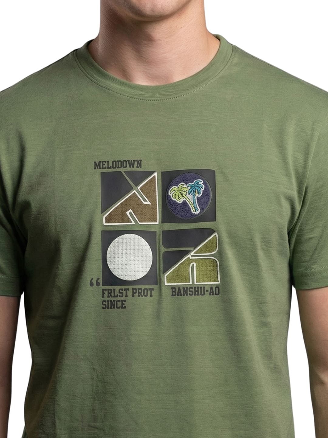 Light olive green round neck printed T-shirt