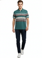 Men's Striped Polo Neck T-Shirt with Different Print SAGE GREEN