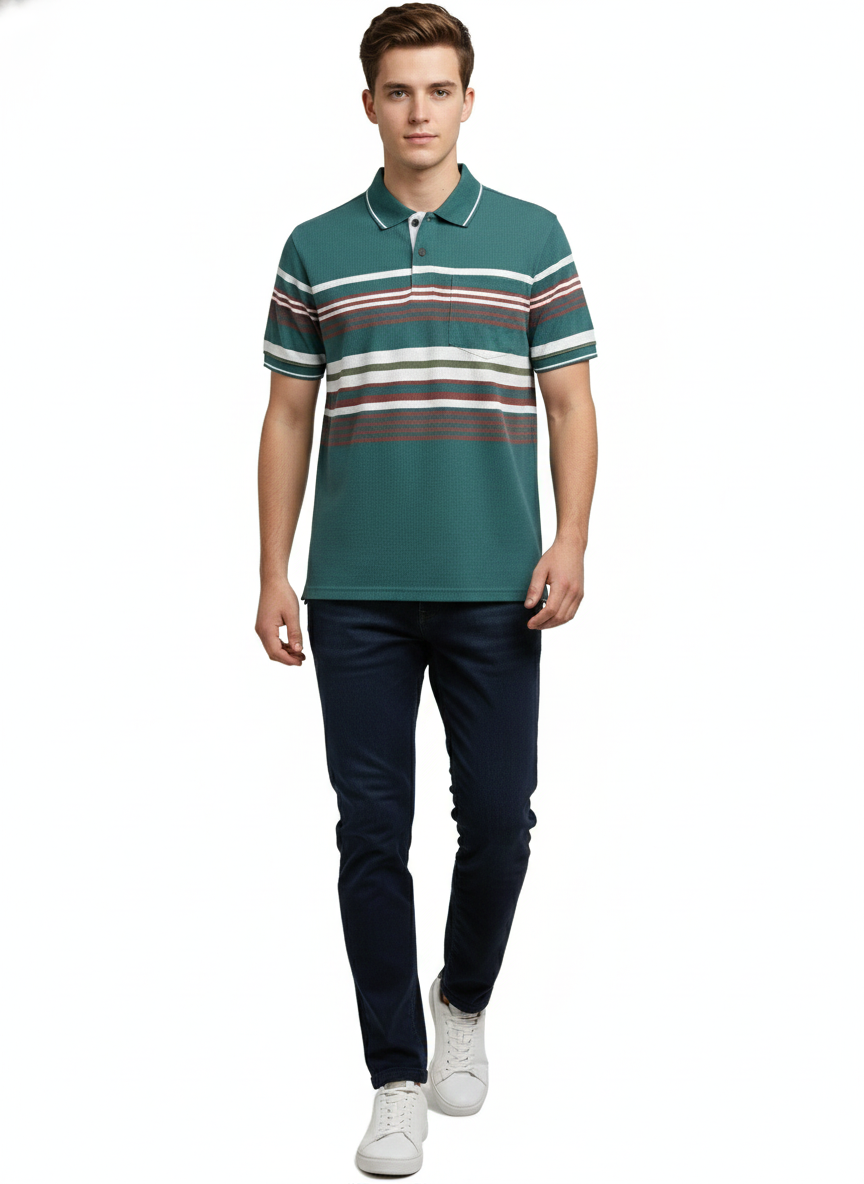 Men's Striped Polo Neck T-Shirt with Different Print SAGE GREEN