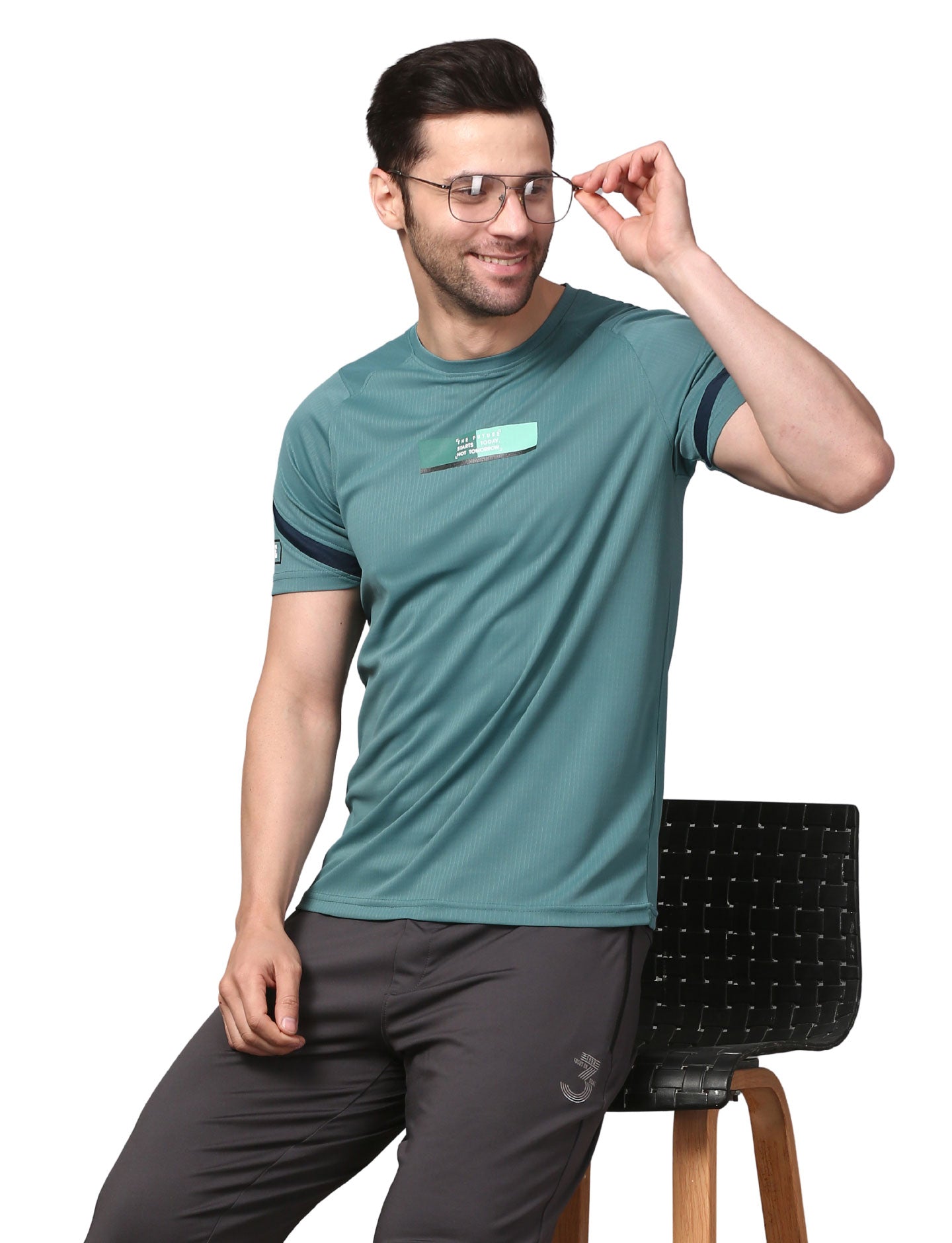 Men's  Rapid Dry Athletic T-Shirt with Raglan Sleeves & Chest Print AQUA GREEN