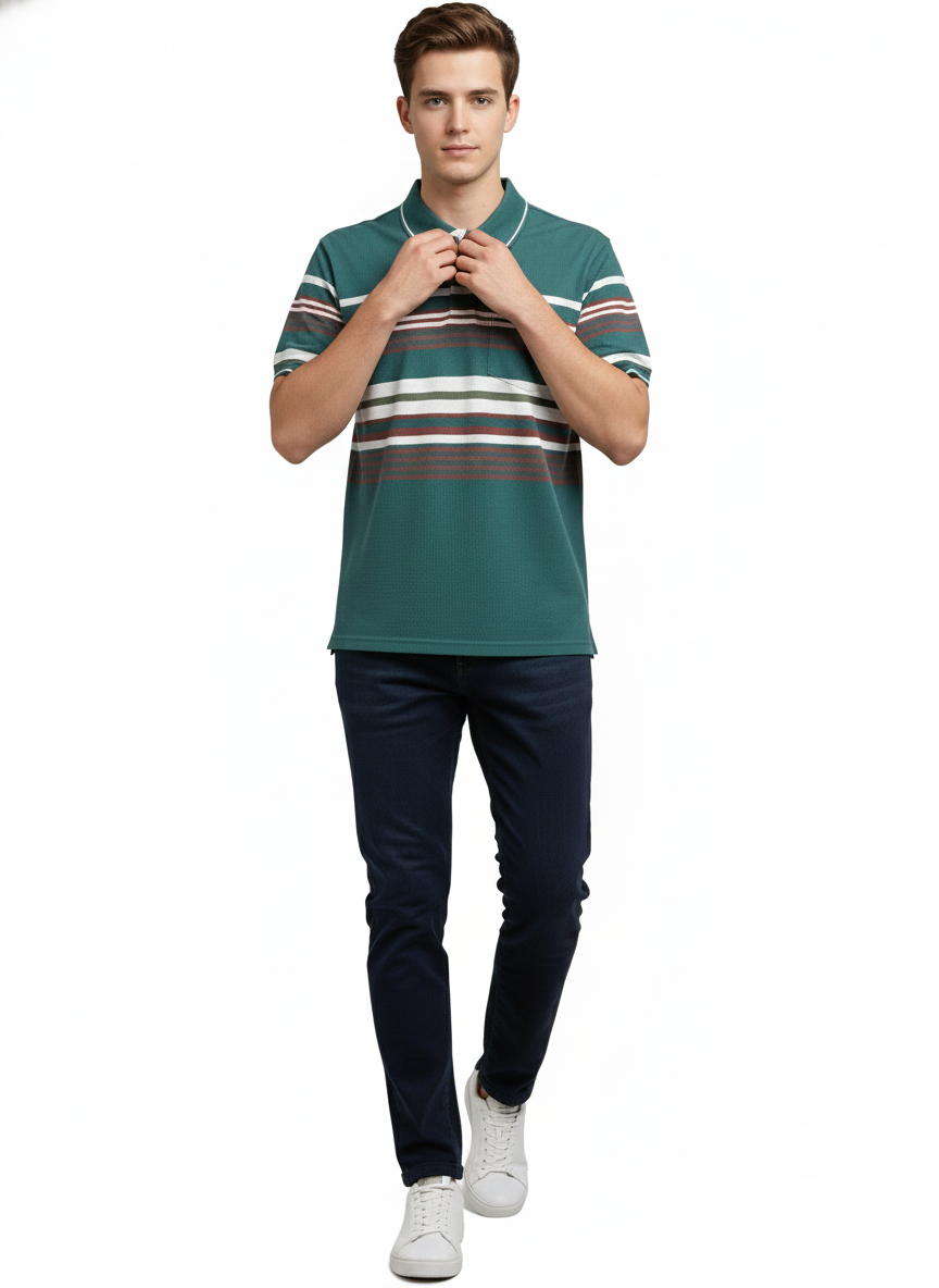 Men's Striped Polo Neck T-Shirt with Different Print SAGE GREEN