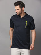 A navy blue polo t-shirt with a graphic on the chest.
