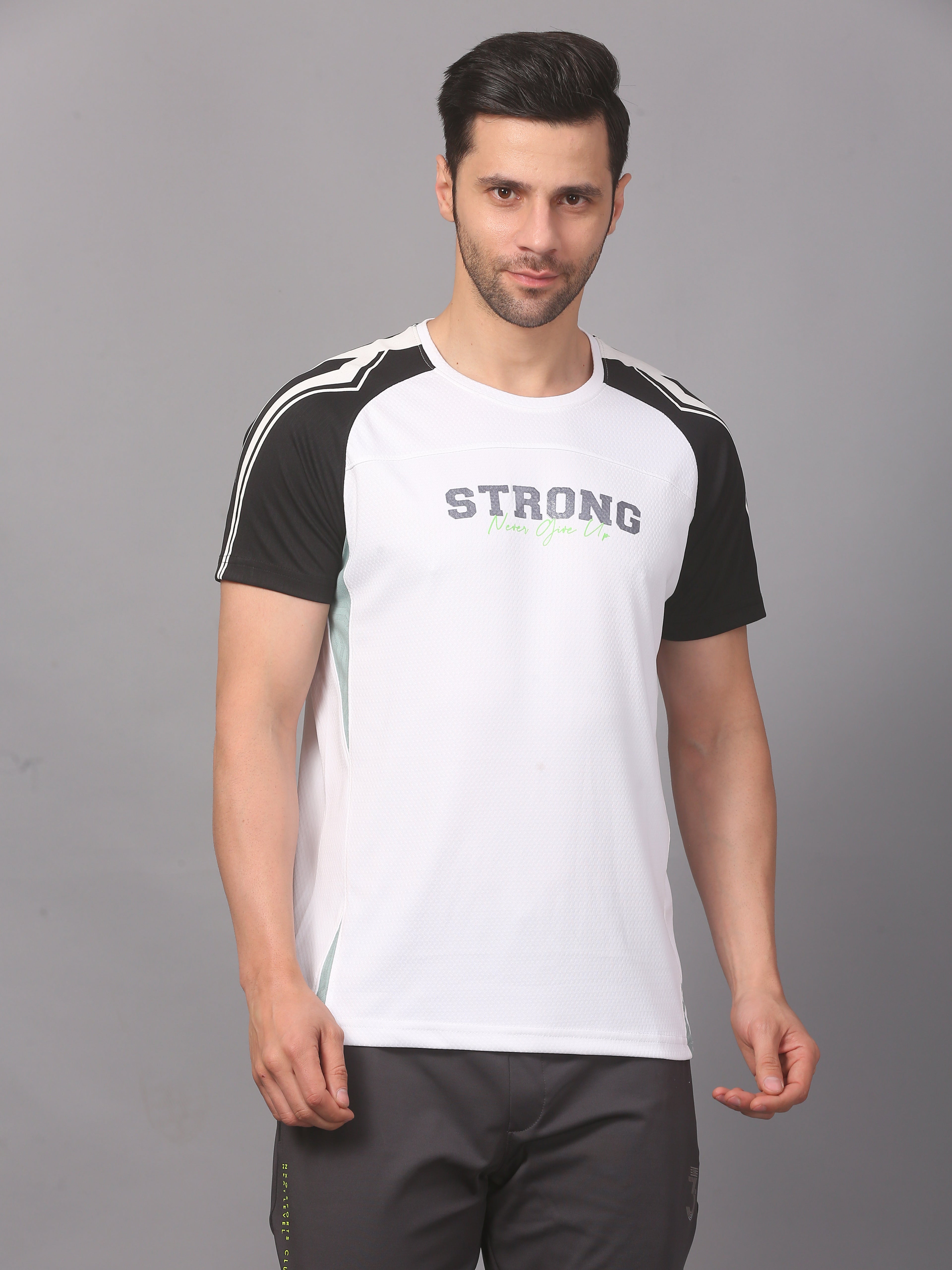 A white round neck T-shirt with black sleeves and text on the chest