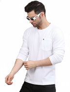 Men's Solid Long Sleeve Cotton T-Shirt with Chest Pocket White