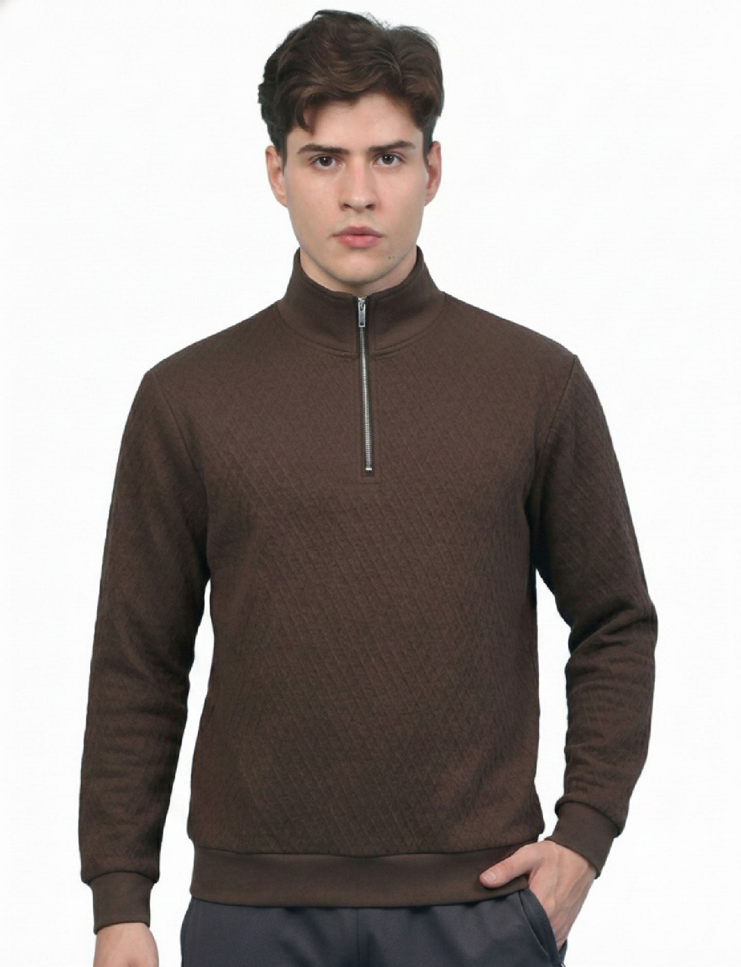 Textured Quater Zip : Mocha Brown