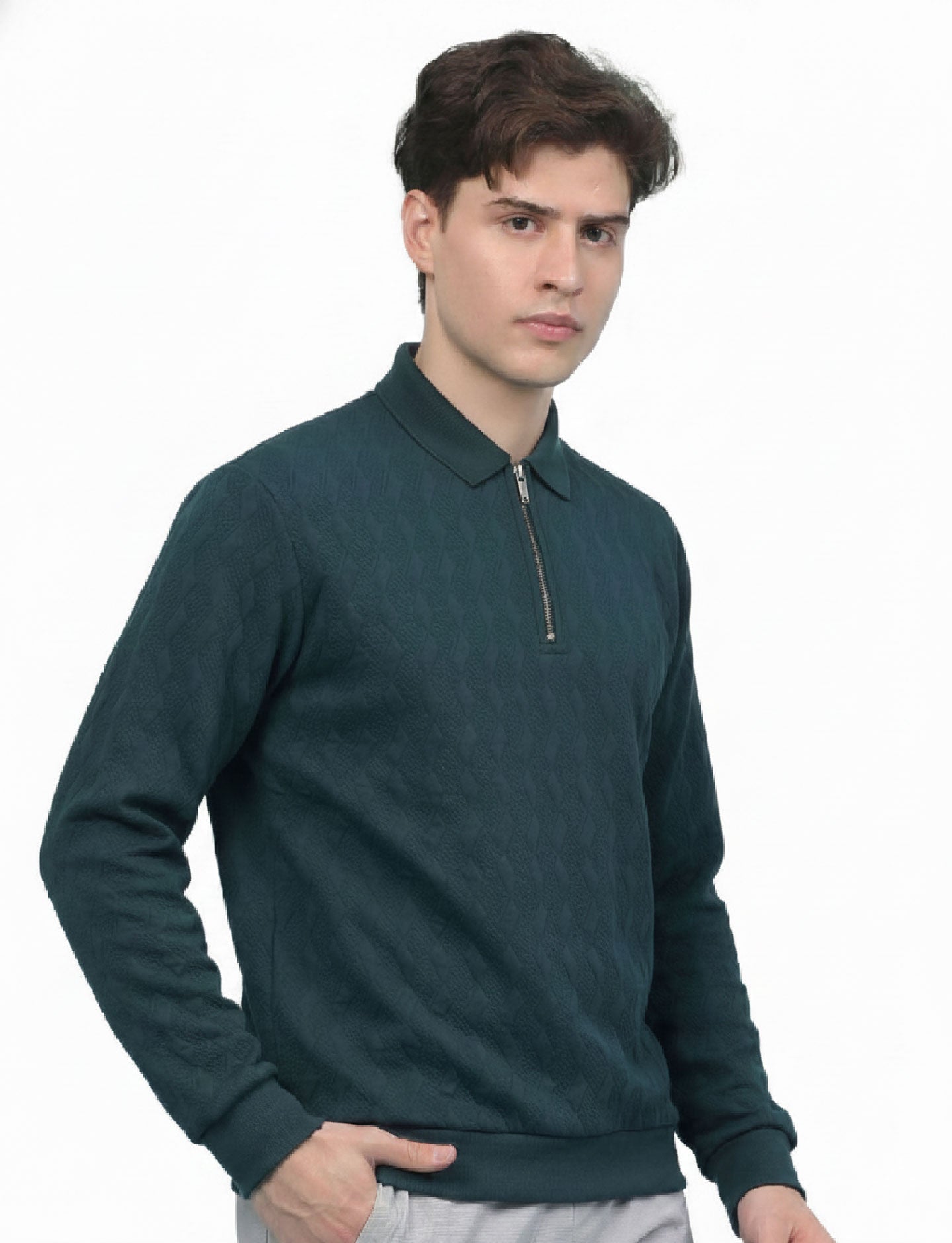 Textured Quater Zip Polo: Turquoise Blue