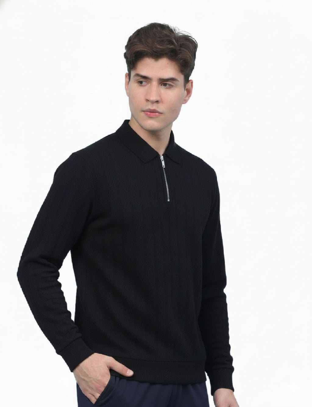 Textured Quater Zip Polo: Black