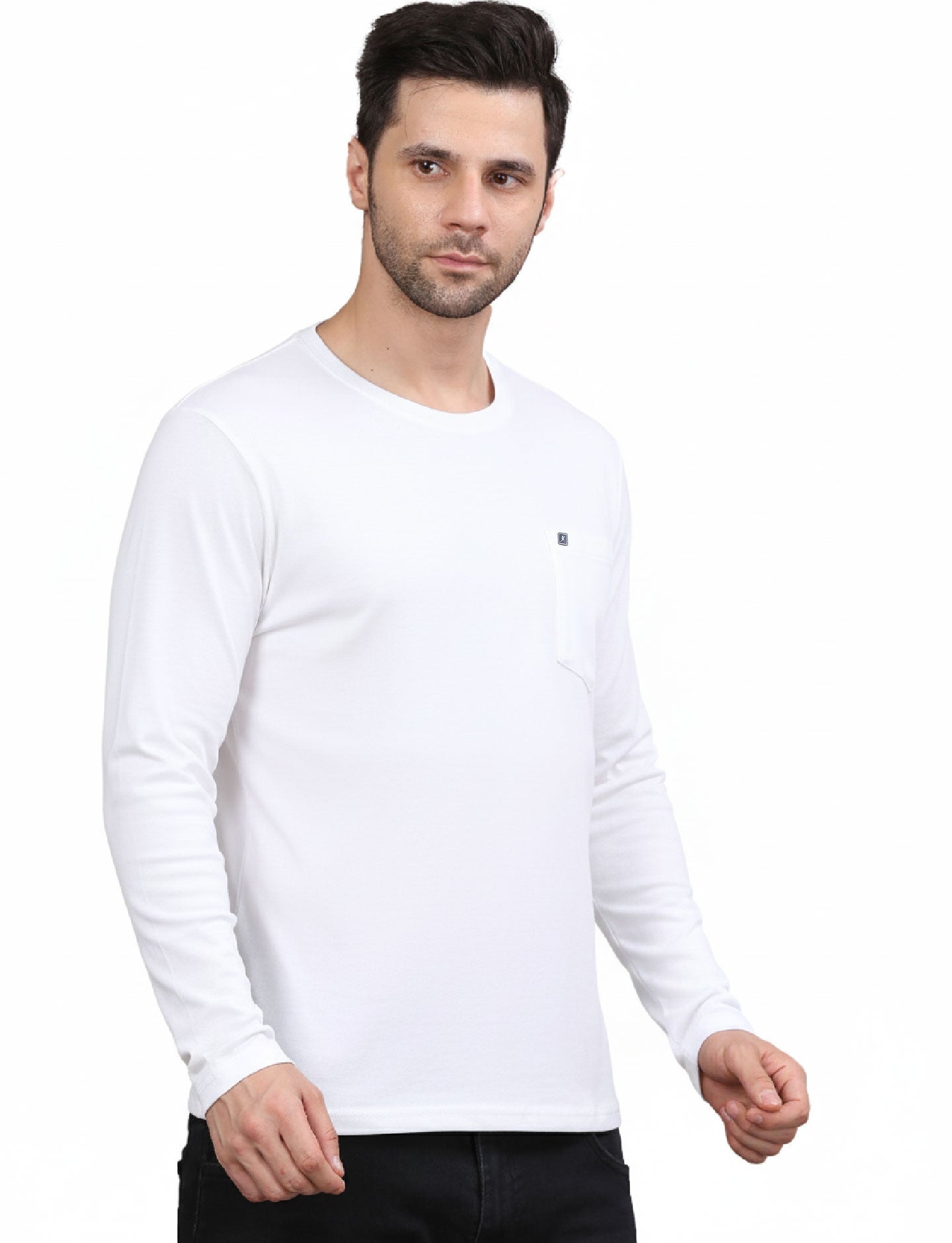 Men's Solid Long Sleeve Cotton T-Shirt with Chest Pocket White