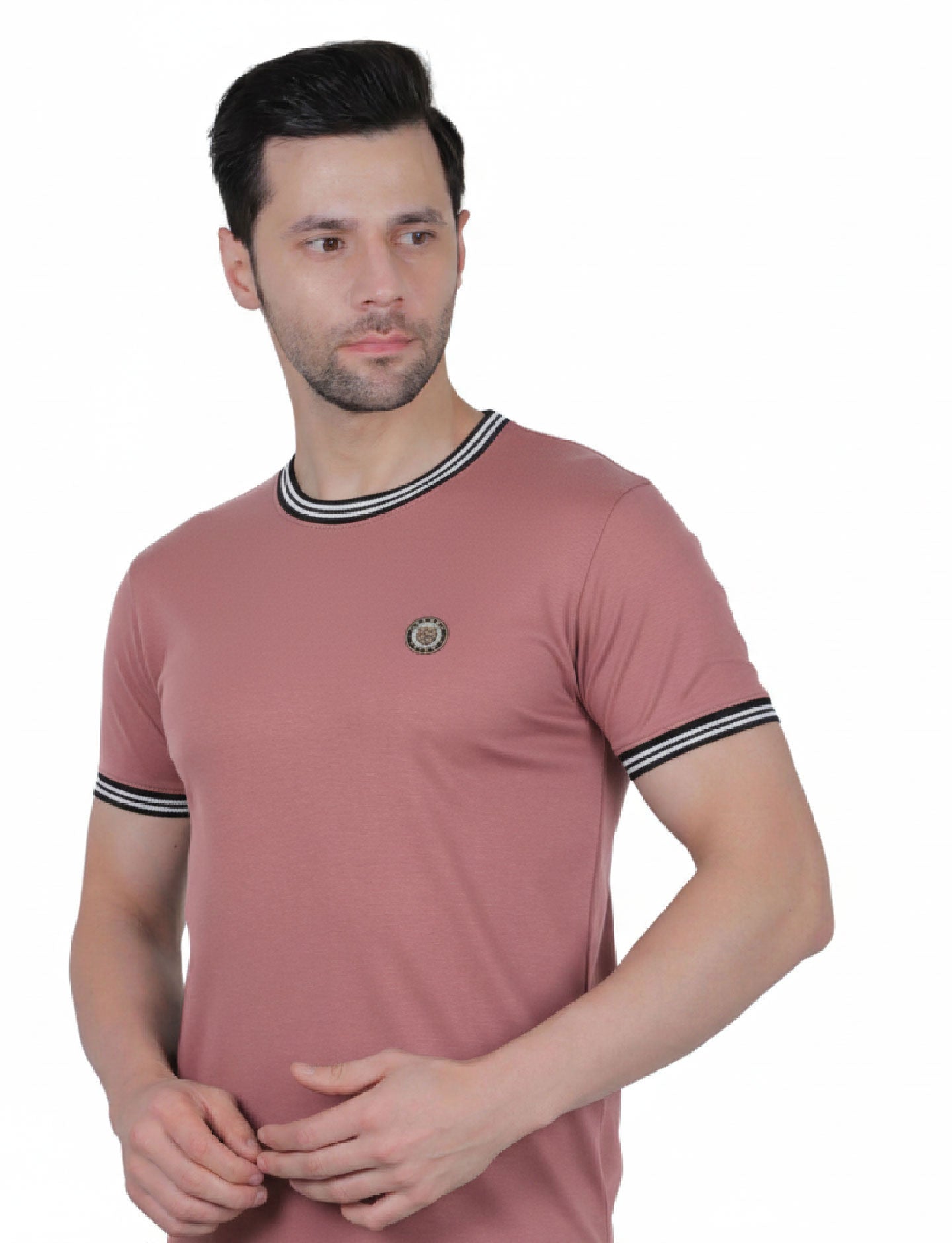 Pretty  Men's Organic Cotton Crew Neck T-Shirt with Striped Trim MOSS ROSE