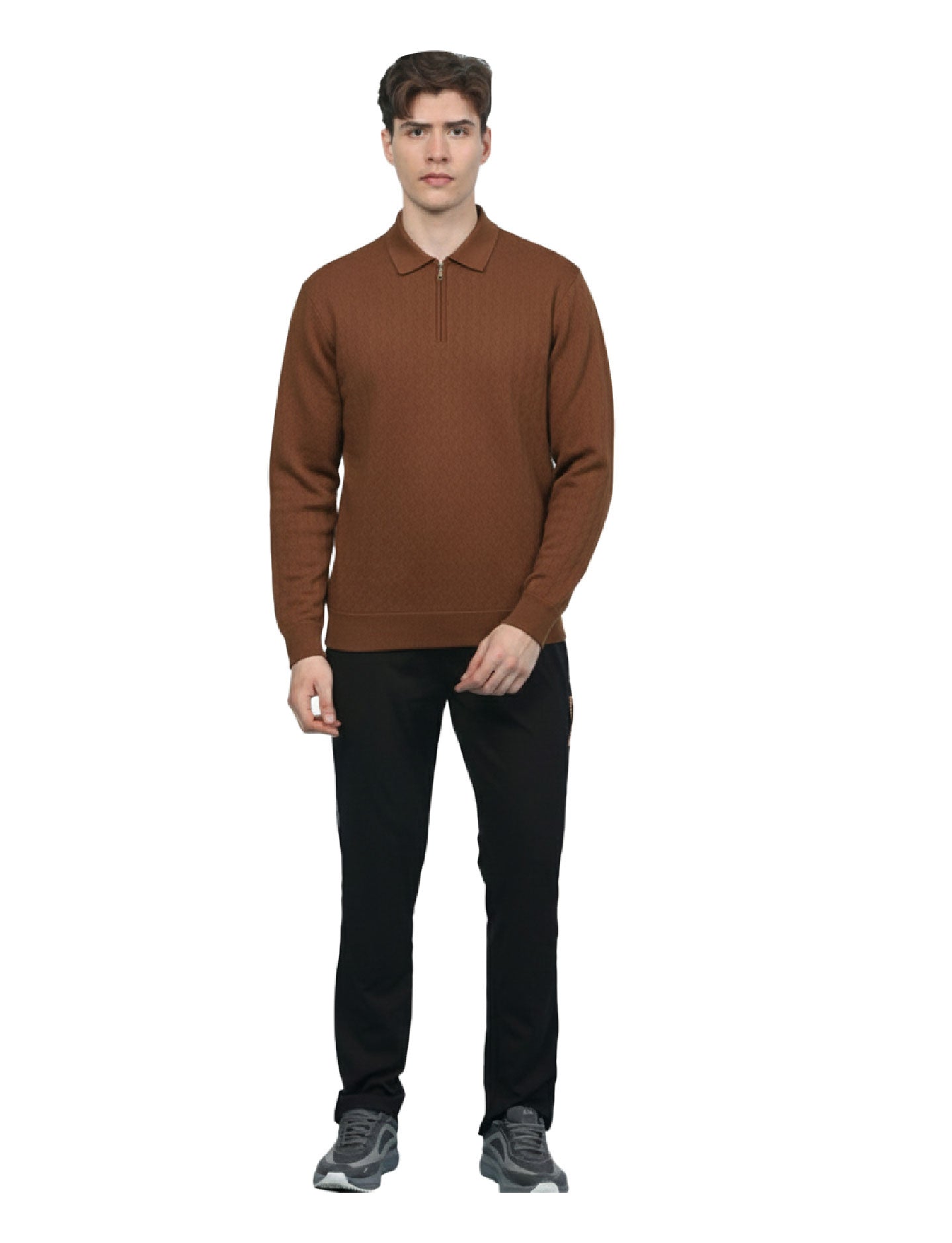 Textured Quater Zip Polo: Brown