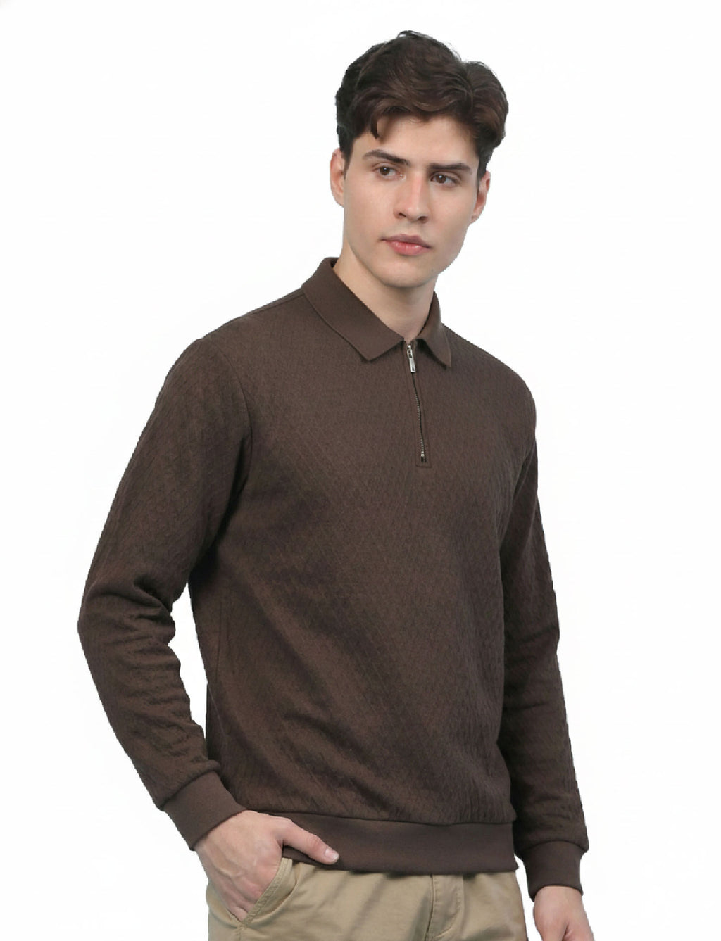 Texture Quater Zip Polo: Mocha Brown